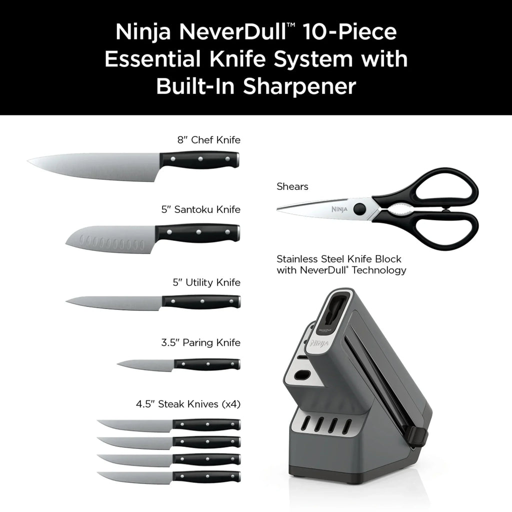 2026 NewNinja Foodi NeverDull 10-Piece Stainless Steel Essential Knife System with Sharpener, K12010 Black/Gray