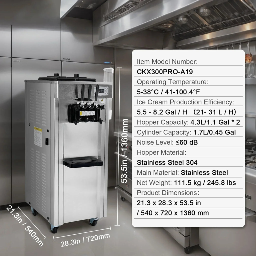 2026 NewKFFKFF Commercial Soft Ice Cream Machine 21-31 L/H Output 3-Flavor LED Display Auto Clean 4.3L/1.1GAL Hopper,1.7L/0.45gal Cylinder