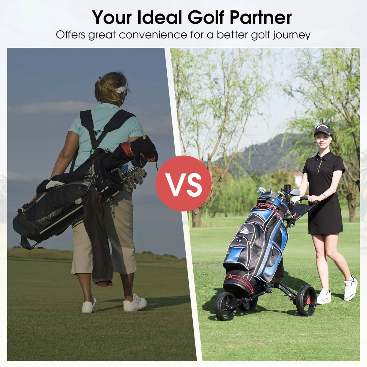 2026 NewCostway Foldable 3 Wheel Steel Golf Pull Push Cart Trolley Club w/ Umbrella Holder