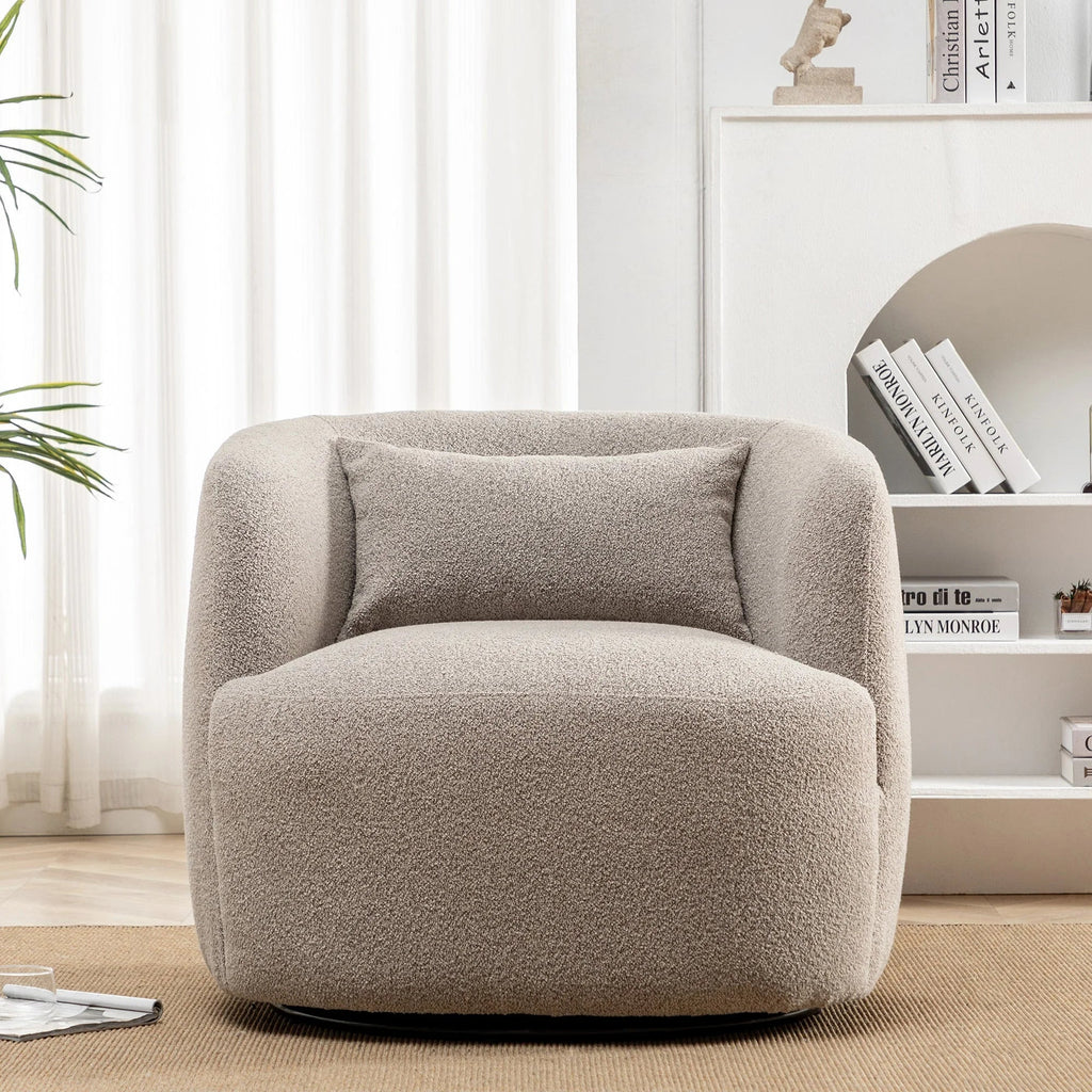 2026 New34" Wide Boucle Swivel Barrel Chair, No Assembly Round Upholstered Armchair Accent Chair Single Sofa Chair with Toss Pillow for Living Room and Bedroom, Taupe
