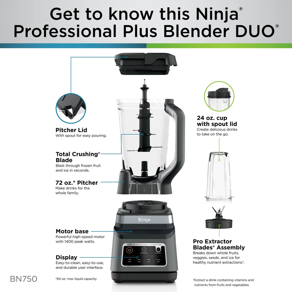2026 NewNinja Professional Plus DUO Blender, 1400 W, 2 Auto-IQ Programs for Smoothies, Nutrient Extraction, 72 oz* Total Crushing Pitcher & (1) 24 oz To-Go Cup, Black, BN750