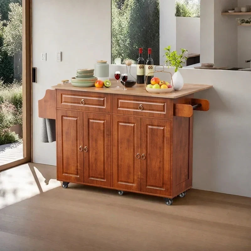 2026 NewLofka 52-Inch Kitchen Island with Storage on Wheels with Wood Drop Leaf, Ideal for Small Kitchens