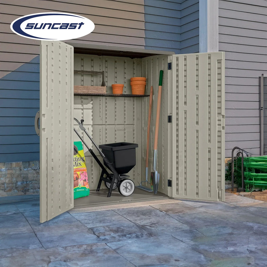 2026 NewSuncast Large Vertical Shed for Storing Oudoor Tools, & Equipment, Sand
