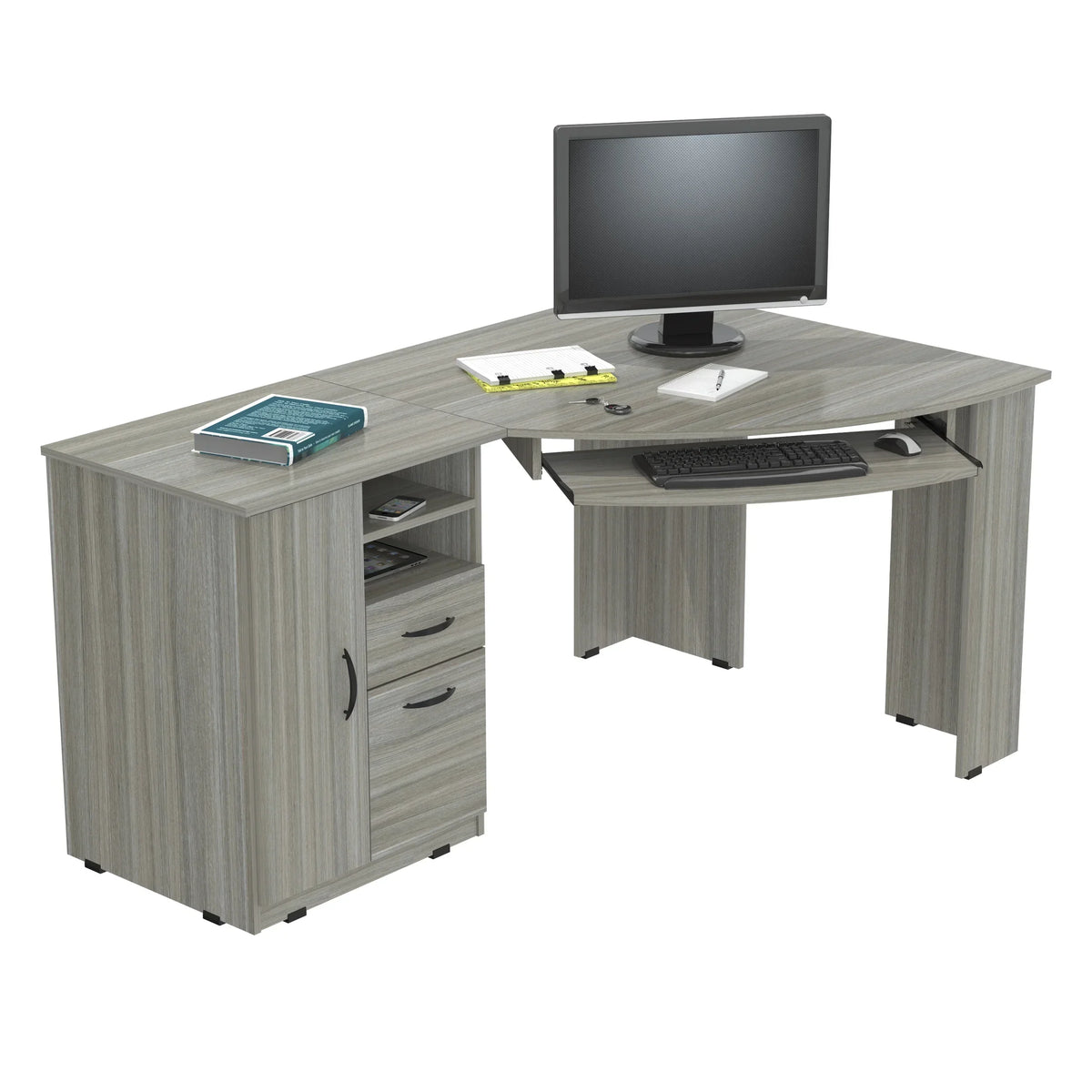 2026 NewInval Modern Corner Desk with 2 Drawers and Cabinet, Washed Oak