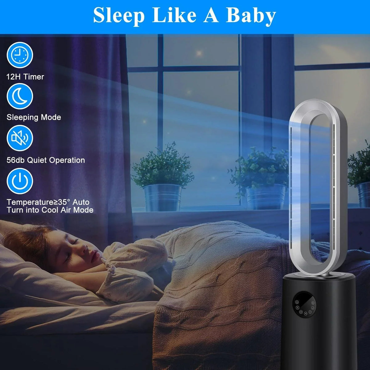 2026 New35″ Space Heater Bladeless Tower Fan. Heater & Cooling Fan with Remote Control.Black