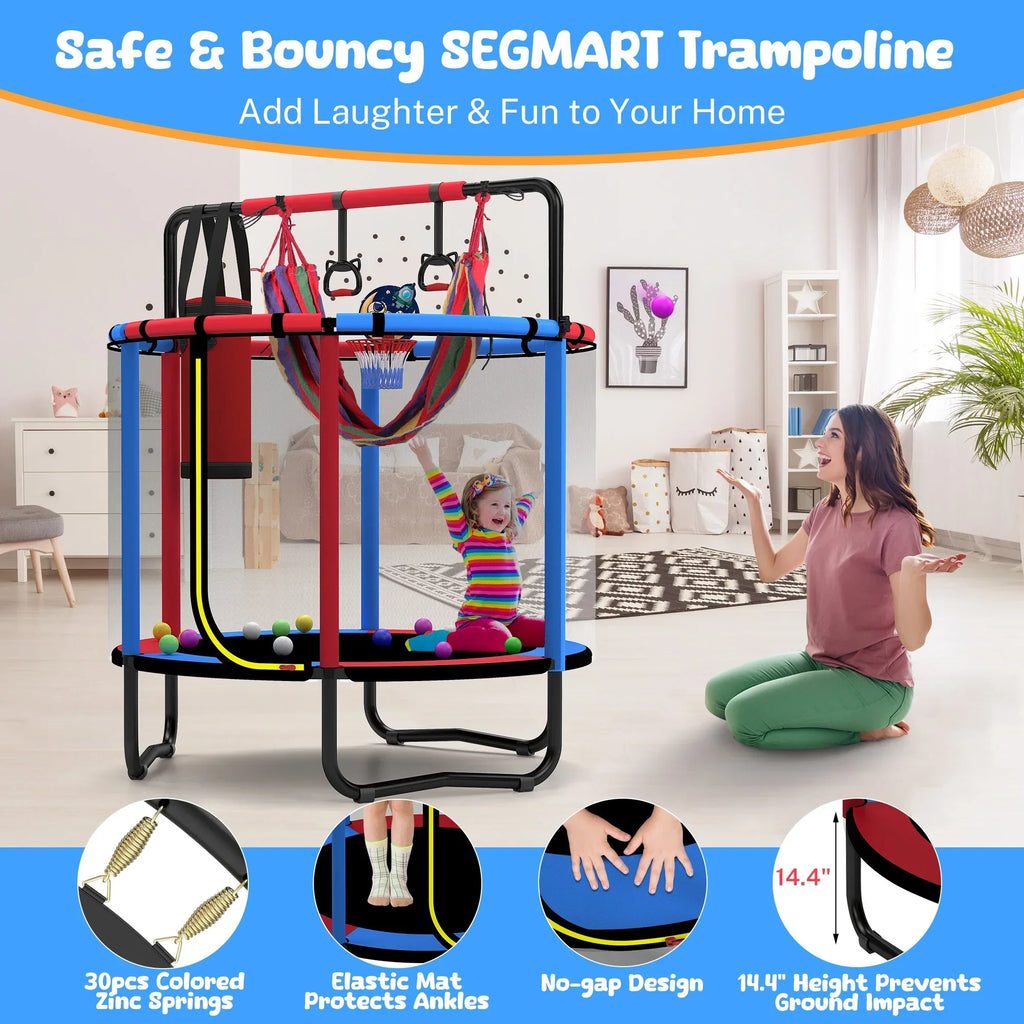 2026 NewMini Round Trampoline for Kids with Basketball Hoop, SEGMART 55'' Indoor Outdoor Toddler Trampoline with Enclosure Net, Swing, Sandbag, Ring, Ocean Balls, Small Trampoline Gift for Boys Girls, Blue