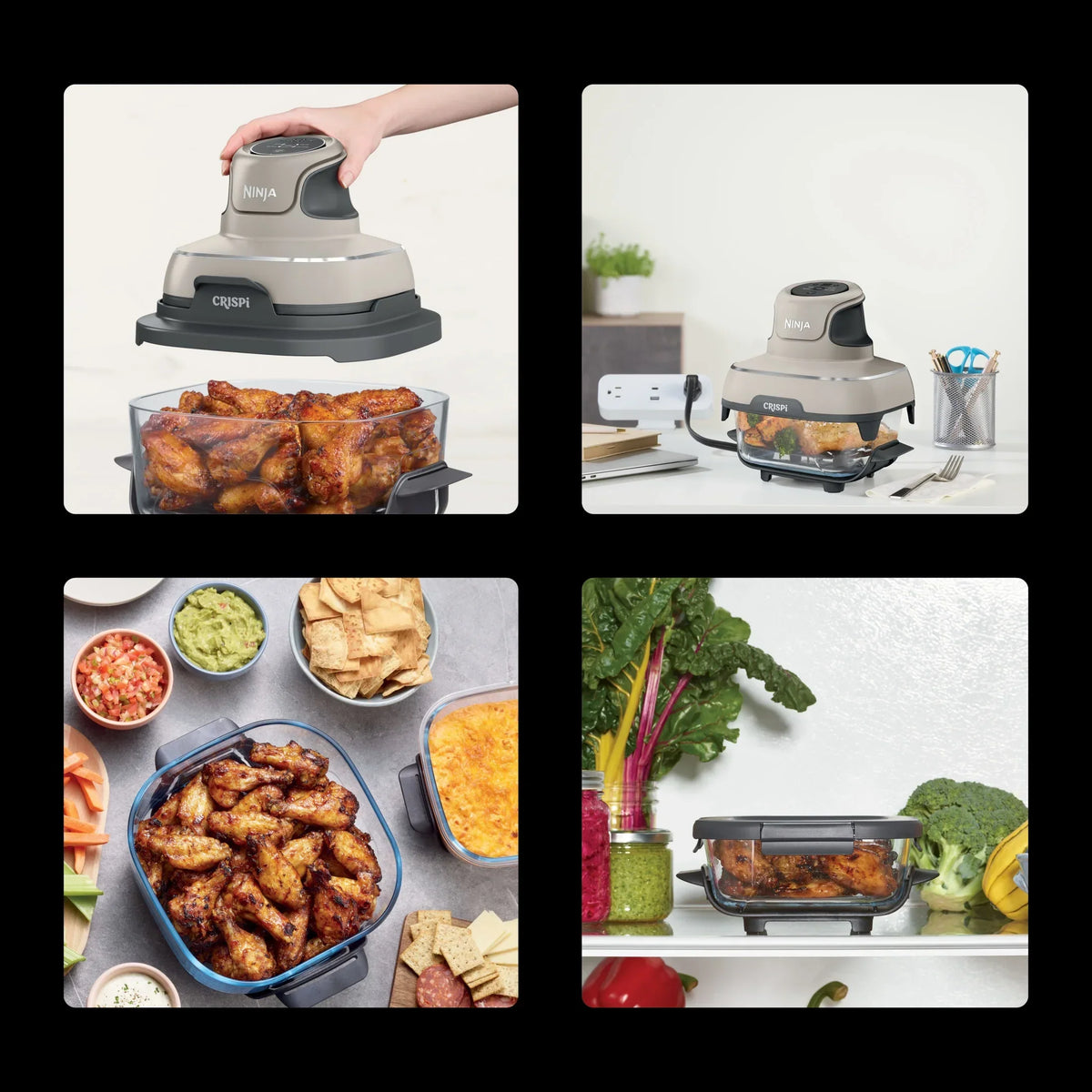 2026 NewNinja Crispi 4-in-1 Portable Glass Air Fryer Cooking System, 4-Qt & 6-Cup Containers, Cyberspace