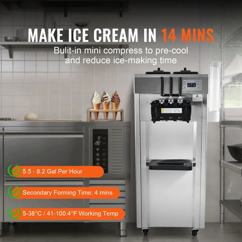 2026 NewKFFKFF Commercial Soft Ice Cream Machine 21-31 L/H Output 3-Flavor LED Display Auto Clean 4.3L/1.1GAL Hopper,1.7L/0.45gal Cylinder