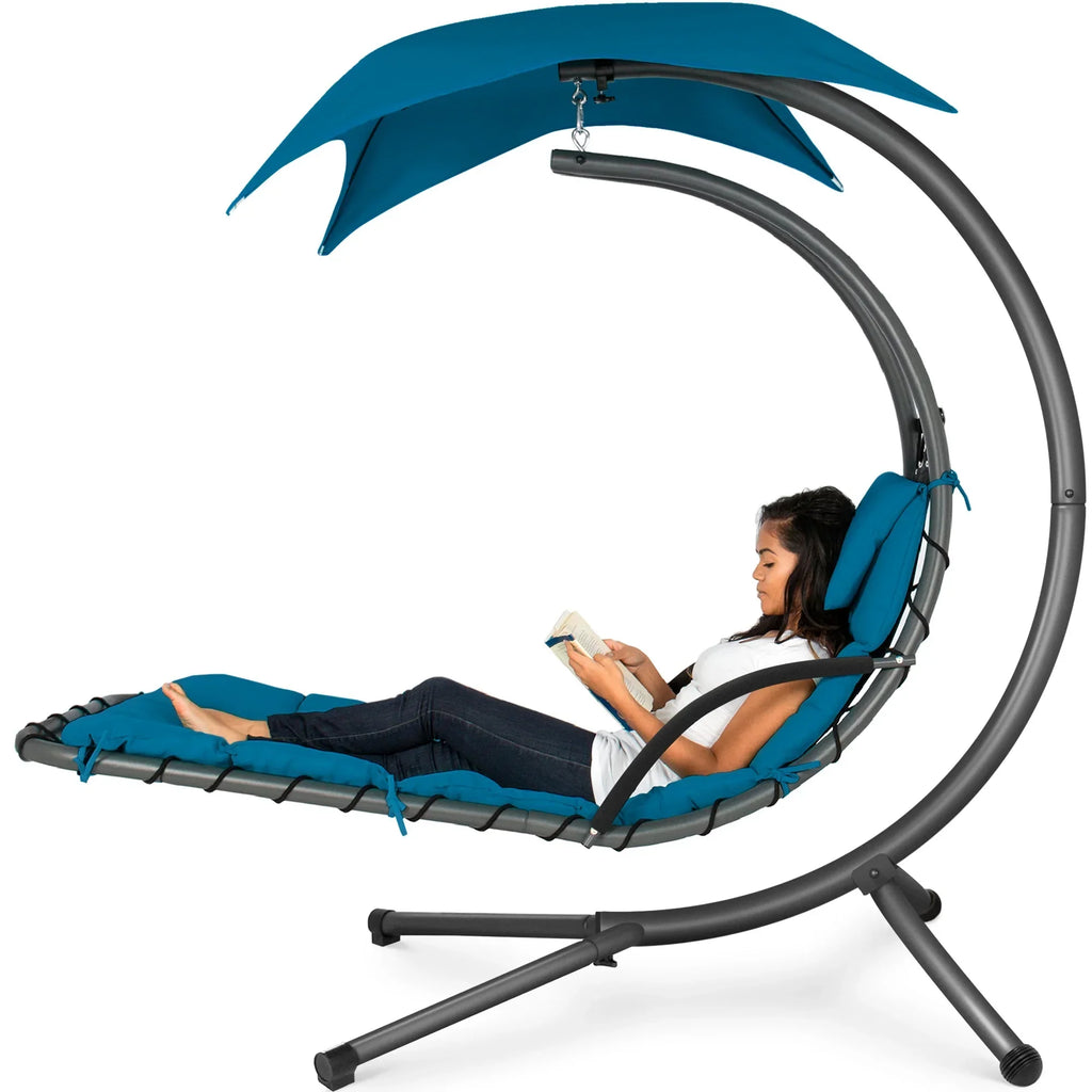 2026 NewBest Choice Products Hanging Curved Chaise Lounge Chair Swing for Backyard, Patio w/ Pillow, Shade, Stand - Teal