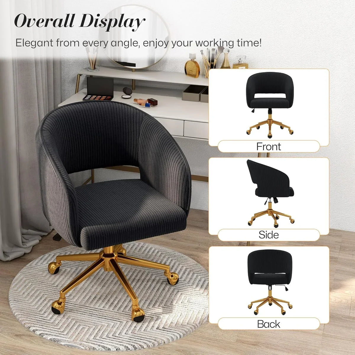 2026 NewHome Office Swivel Desk Chair, Modern Velvet Vanity Chair, Height Adjustable Armchair with Gold Base, Ergonomic Office Chair for Task Study Computer Room, Beige