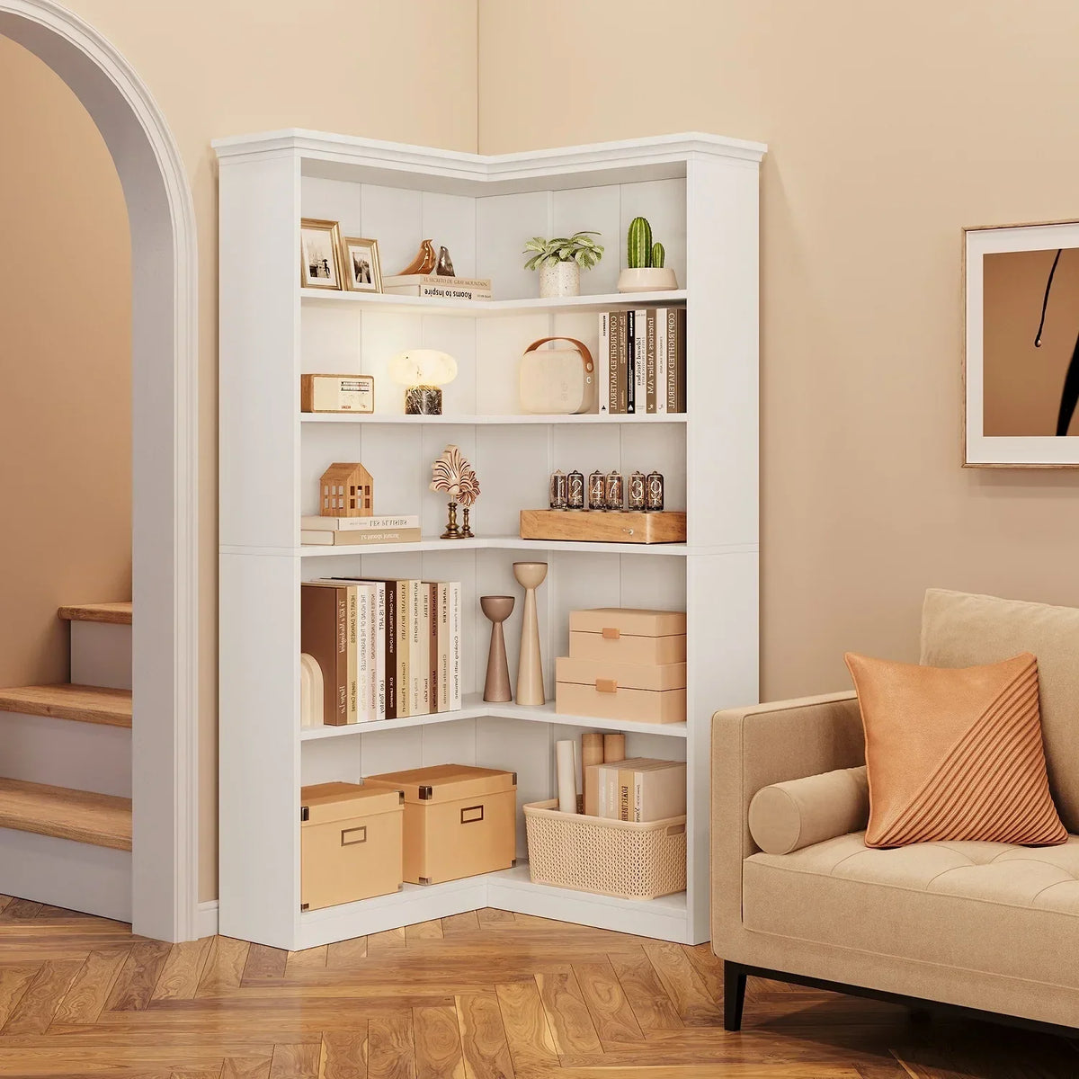 2026 NewEuKer 5 Tier Corner Bookcase, L-Shaped Bookshelf with Large Storage Capacity for Living Room, Bedroom, Office (Half Panel, Retro Brown)