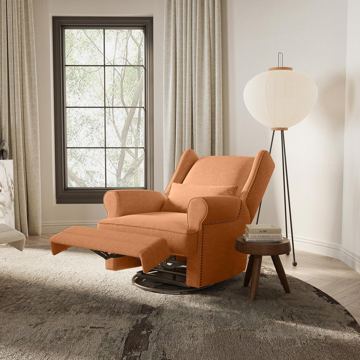 2026 NewRoyalcraft Swivel Nursery Glider Recliner, Comfy Upholstered Glider Chair with Lumbar Pillow and Footrest, Beige