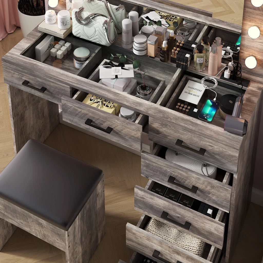2026 NewKtaxon Large Makeup Vanity, Vanity Table Set w/ Visible Glass Top w/ Charging Station, White