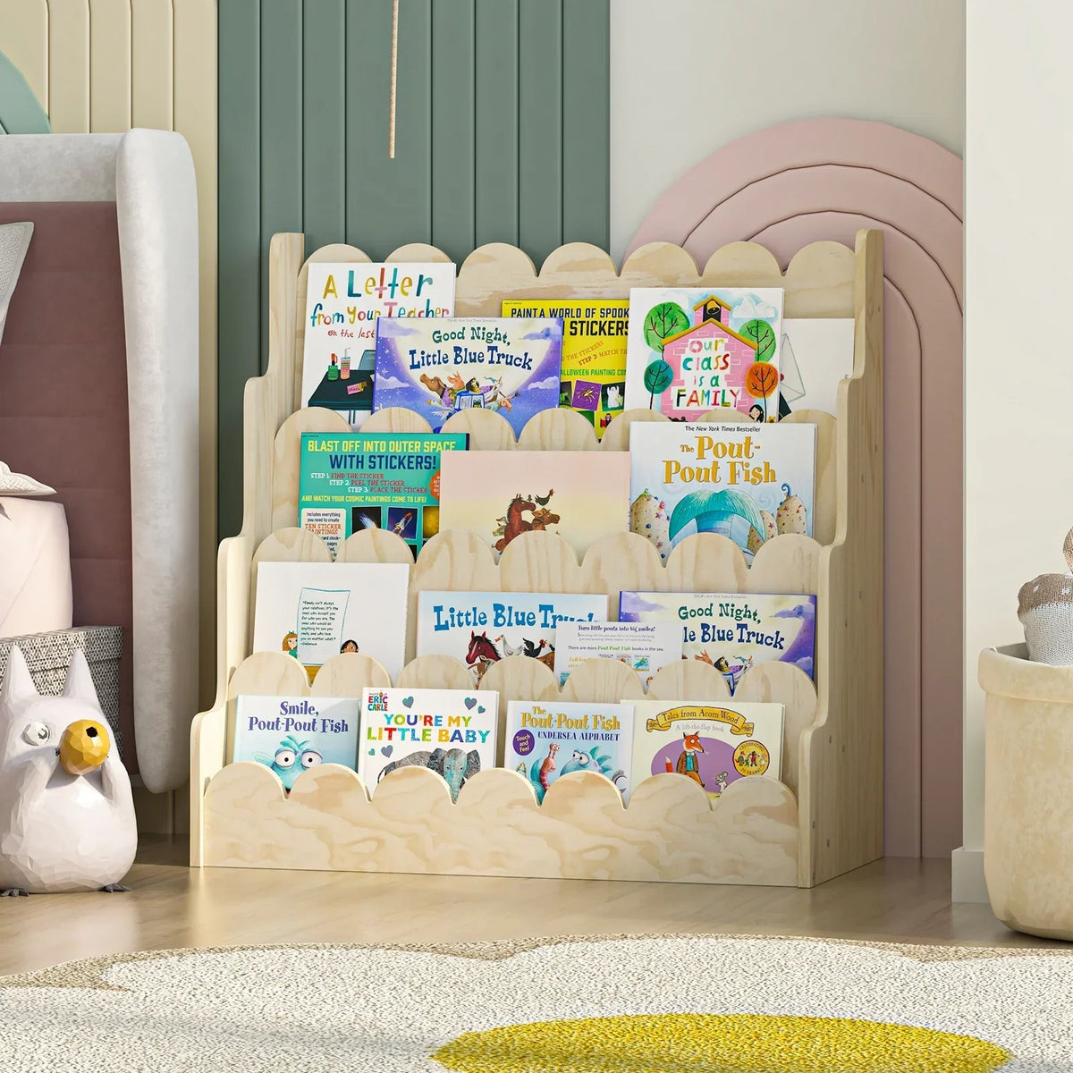 2026 NewMontessori Wood Kids Bookshelf - Scalloped 4-Tier Front-Facing Book Display, Nursery Organizer for Toddler/Baby Books & Toys, Gender-Neutral Classroom Playroom Storage