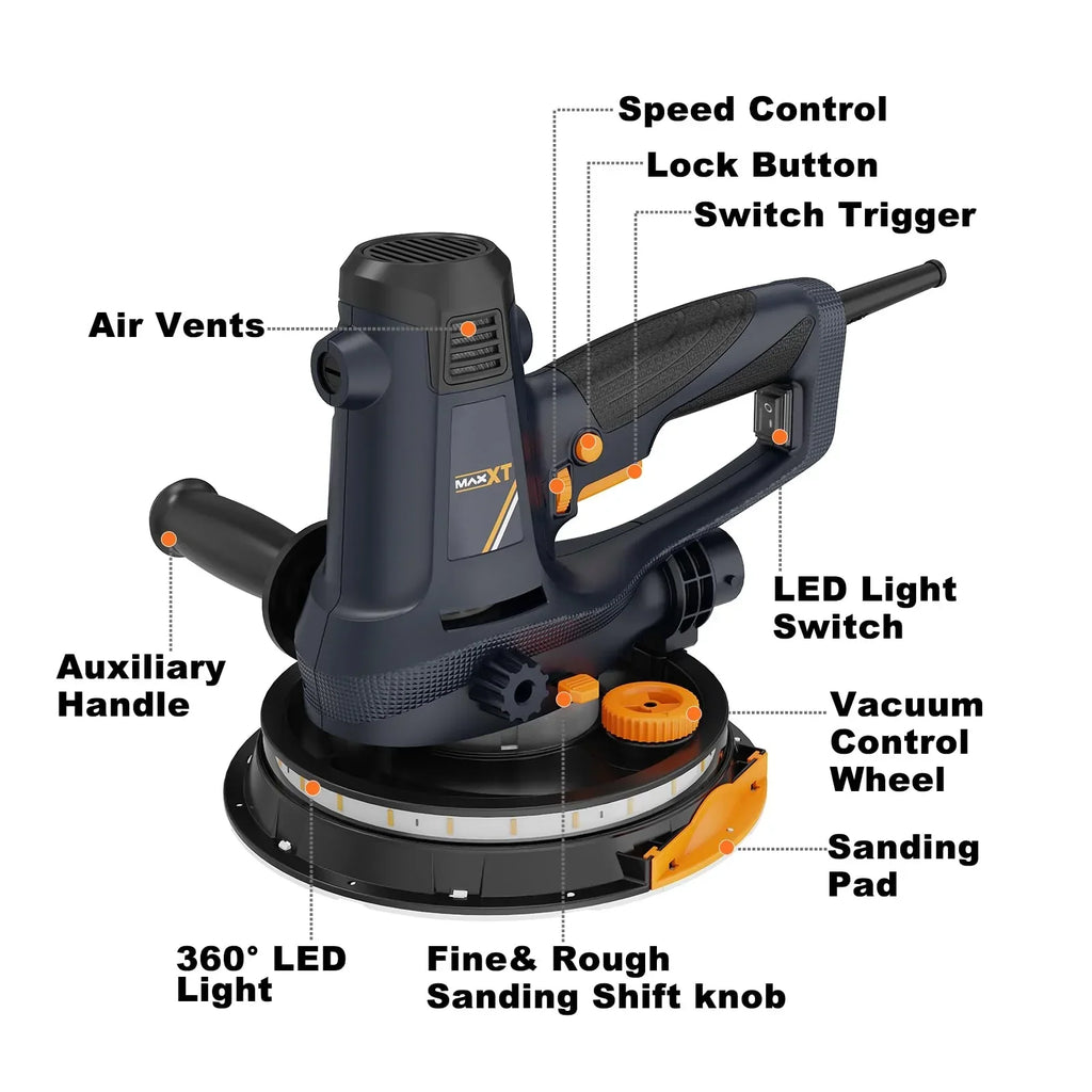 2026 NewPOVANLI 780W Electric Drywall Sander with Vacuum Dust Collection, 6.5A Motor Dustless Floor Sander with Variable Speed 900-1800RPM, LED Light, Extendable & Foldable Handle Yellow+Black