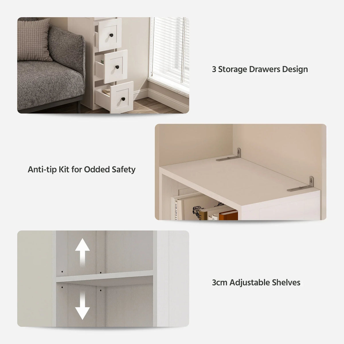 2026 NewLAUSAINT HOME Bathroom Storage Cabinet, Tall Thin White Storage with 2 Adjustable Shelves & 3-level Drawers for Home, Kitchen