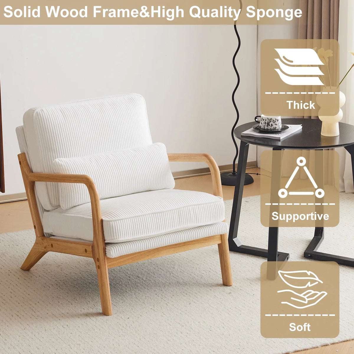 2026 NewKtaxon Accent Chair Corduroy Upholstered Armchair, Reading Club Chair with Pillow and Solid Wood Frame for Living Room Bedroom Furniture Off White