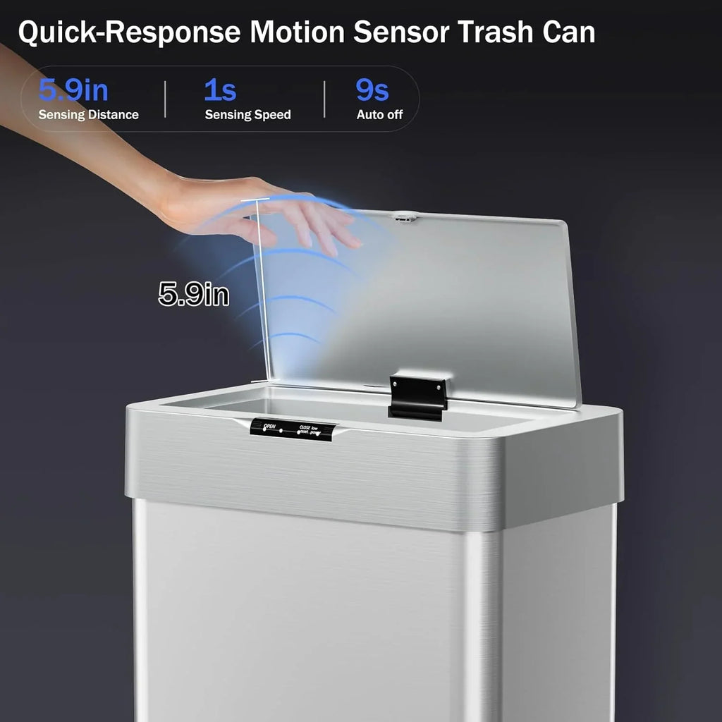 2026 NewLAZY BUDDY 60 Liter / 16 Gallon Stainless Steel Motion Sensor Trash Can for Kitchen, Bathroom, Rectangular