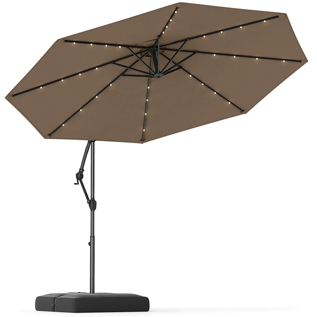 2026 NewCostway 10 FT Solar Offset Hanging Umbrella Patio Cantilever Umbrella with 32 LED Lights Brown