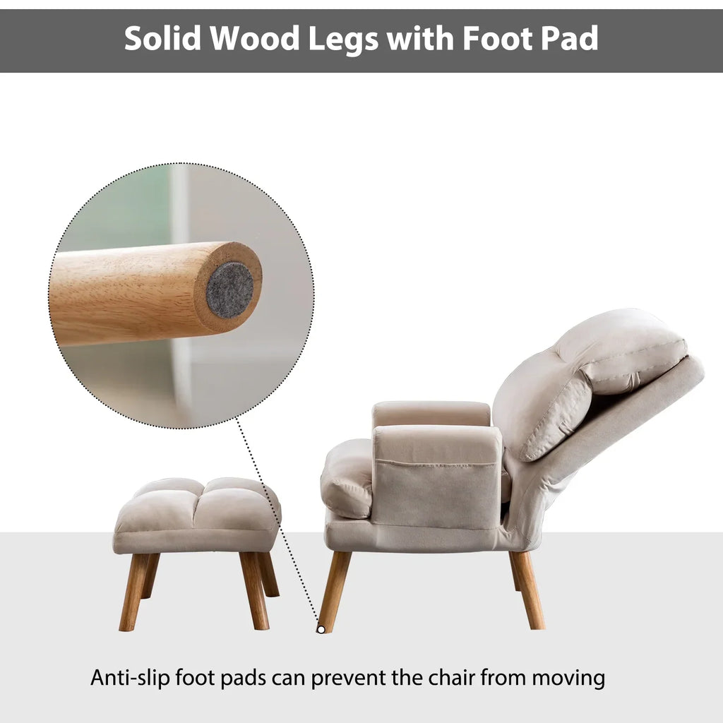 2026 NewBestier Adjustable Accent Chairs with Ottoman, Velvet Fabric Armchair for Bedroom Living Room, Comfy Lounge Chair with Padded Backrest and Side Pocket, Soft Reading Chair, Beige