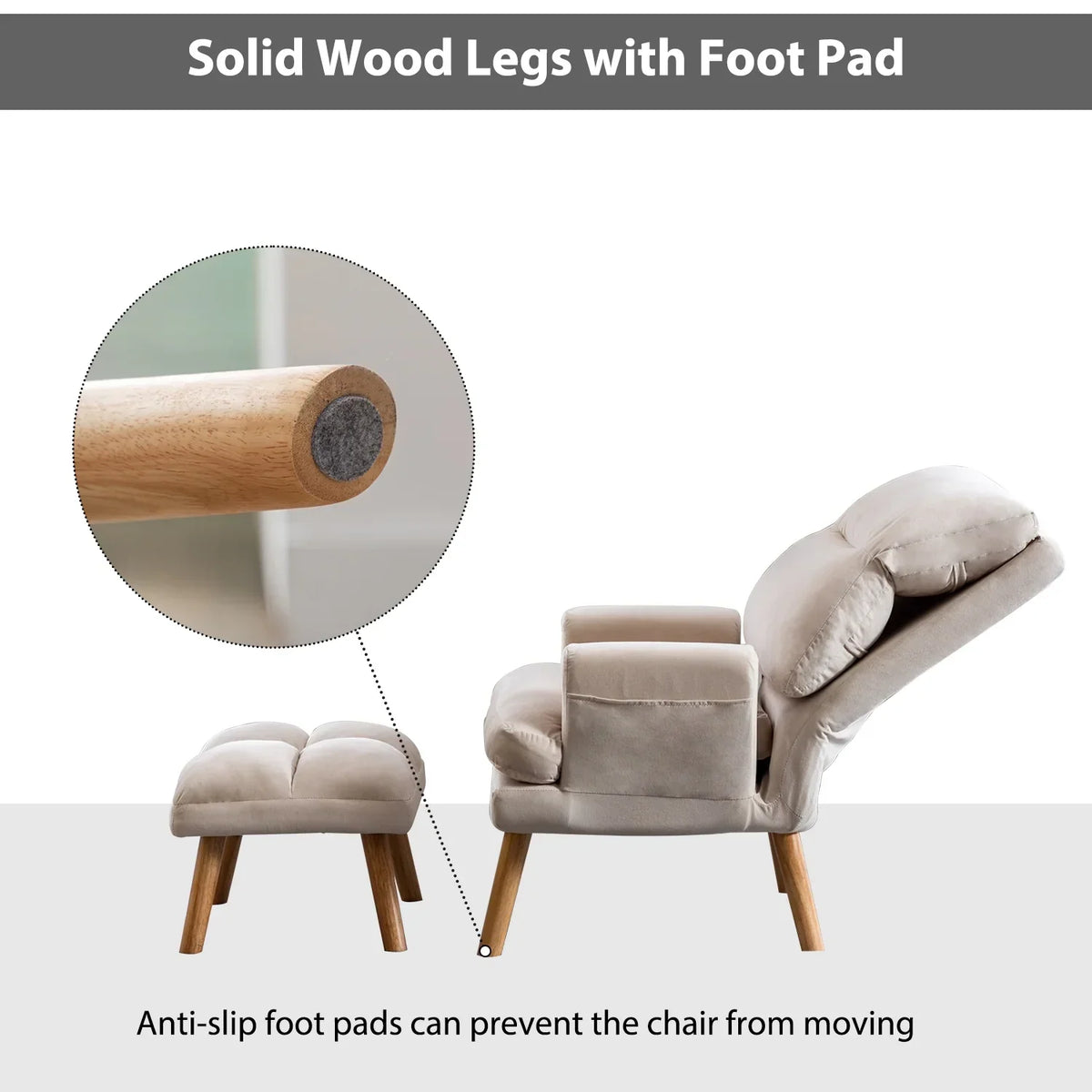 2026 NewBestier Adjustable Accent Chairs with Ottoman, Velvet Fabric Armchair for Bedroom Living Room, Comfy Lounge Chair with Padded Backrest and Side Pocket, Soft Reading Chair, Beige