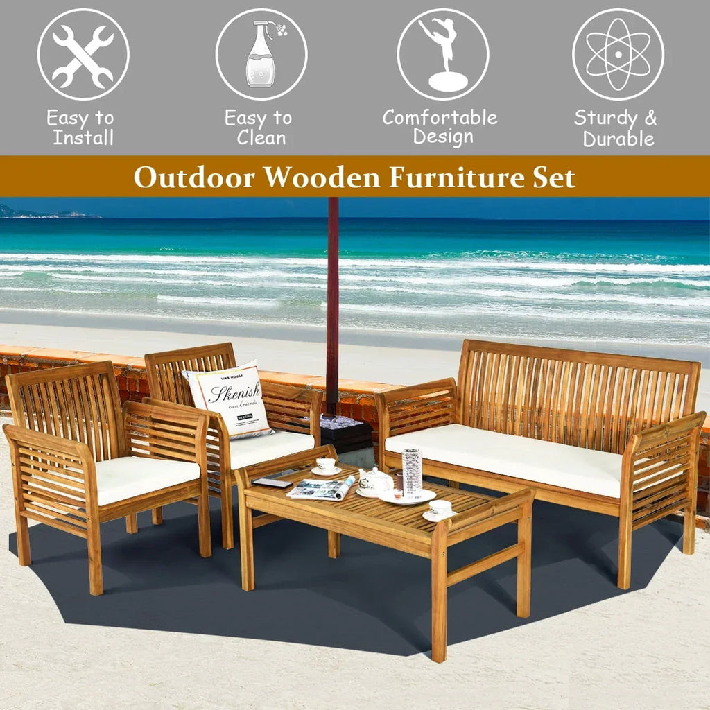 2026 NewCostway 4 PCS Outdoor Acacia Wood Sofa Furniture Set Cushioned Chair Coffee Table Garden