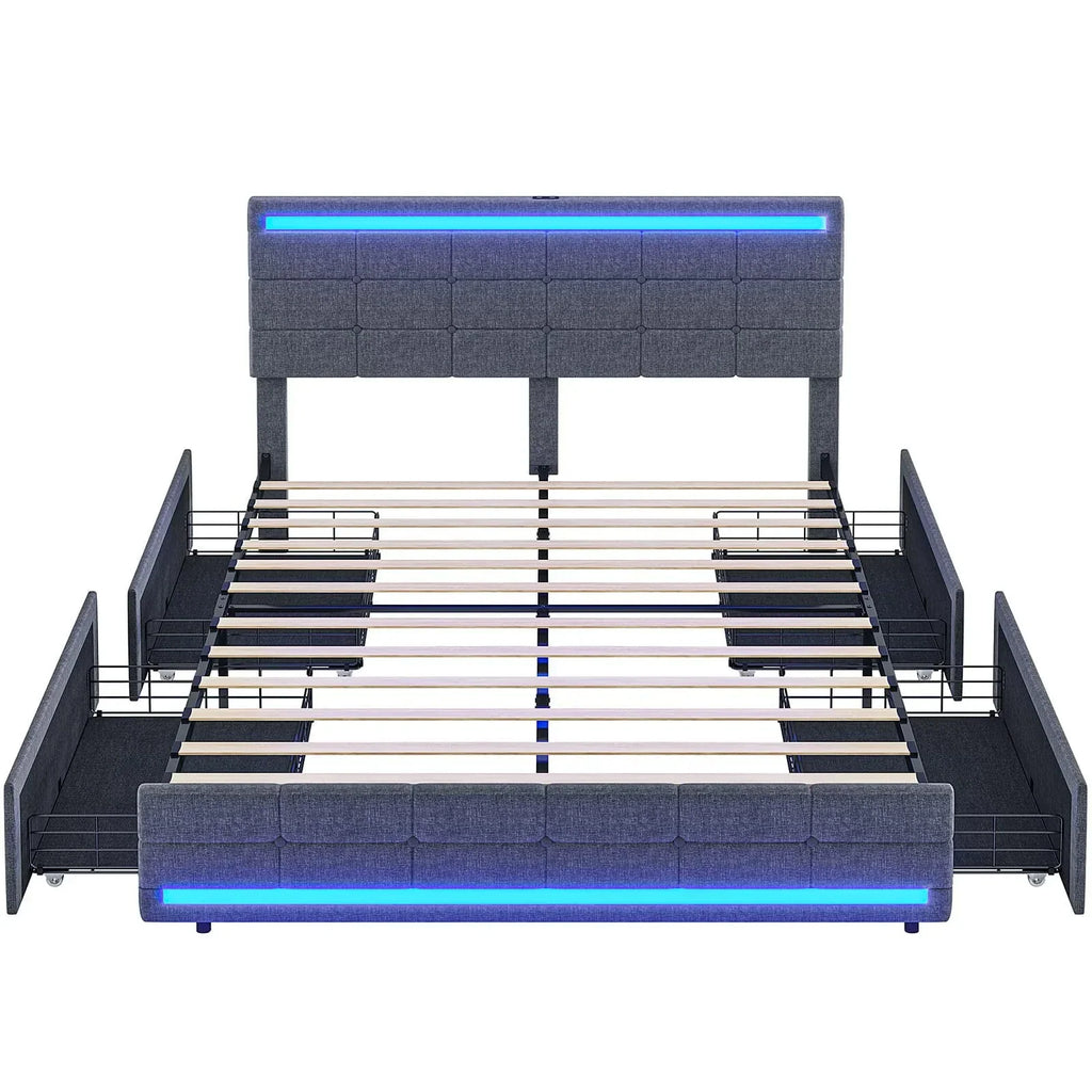 2026 NewFull Size Bed Frame with 4 Storage Drawers, Platform Bed Frame with 2 USB Ports, Upholstered Bed with LED Headboard Footboard, Square Stitched Button Tufted Design, Dark Grey