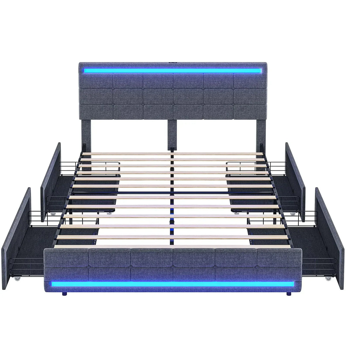 2026 NewFull Size Bed Frame with 4 Storage Drawers, Platform Bed Frame with 2 USB Ports, Upholstered Bed with LED Headboard Footboard, Square Stitched Button Tufted Design, Dark Grey