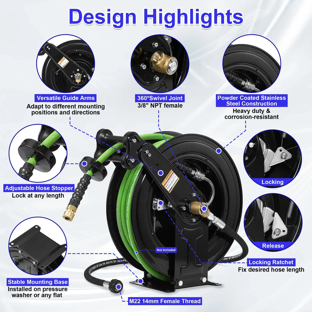 2026 NewAuto-Retractable Pressure Washer Hose Reel, 50FT x 3/8" Heavy Duty Steel Power Washer Hose Reel Dual Arm, 4000 PSI