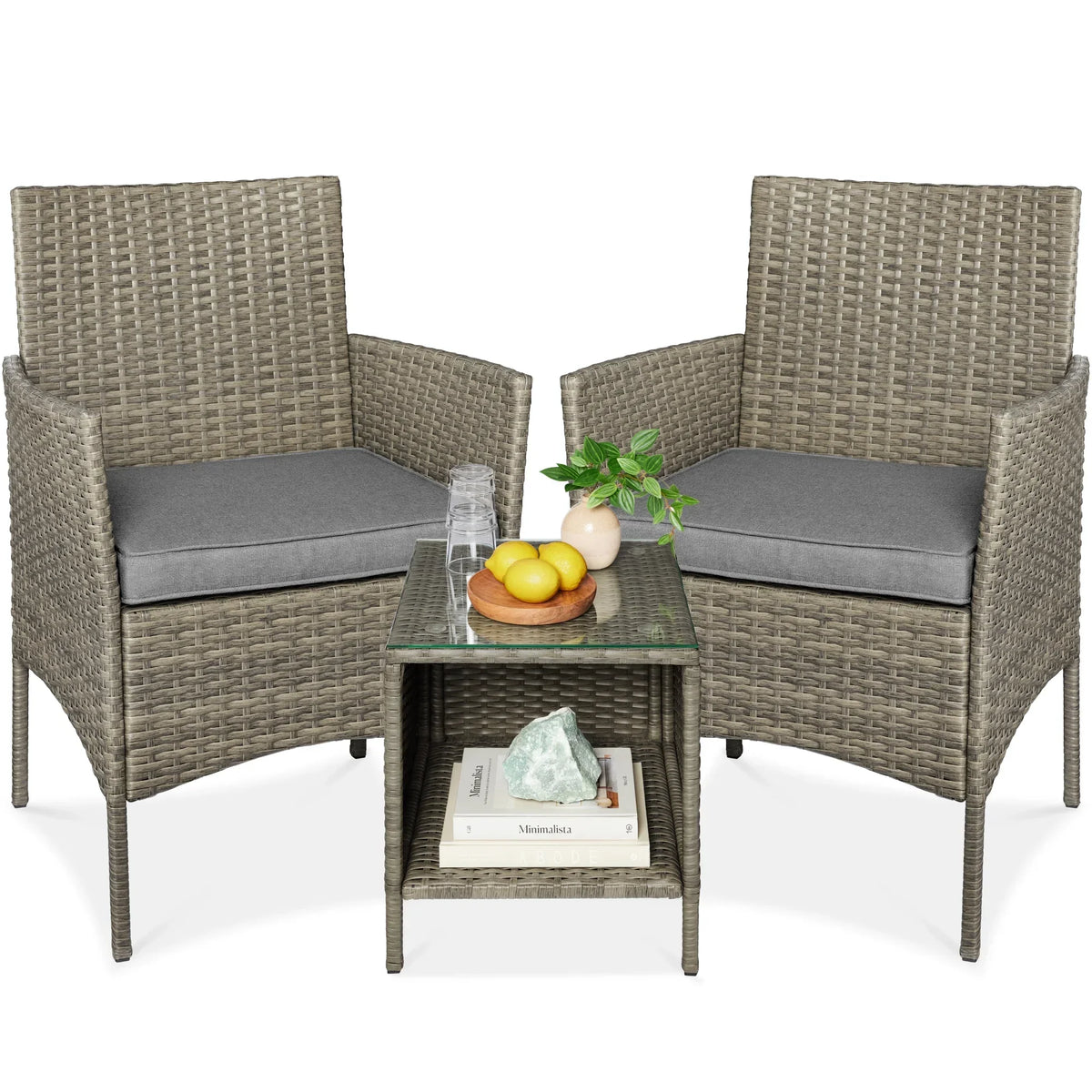 2026 NewBest Choice Products 3-Piece Outdoor Wicker Conversation Patio Bistro Set, w/ 2 Chairs, Table - Gray/Navy