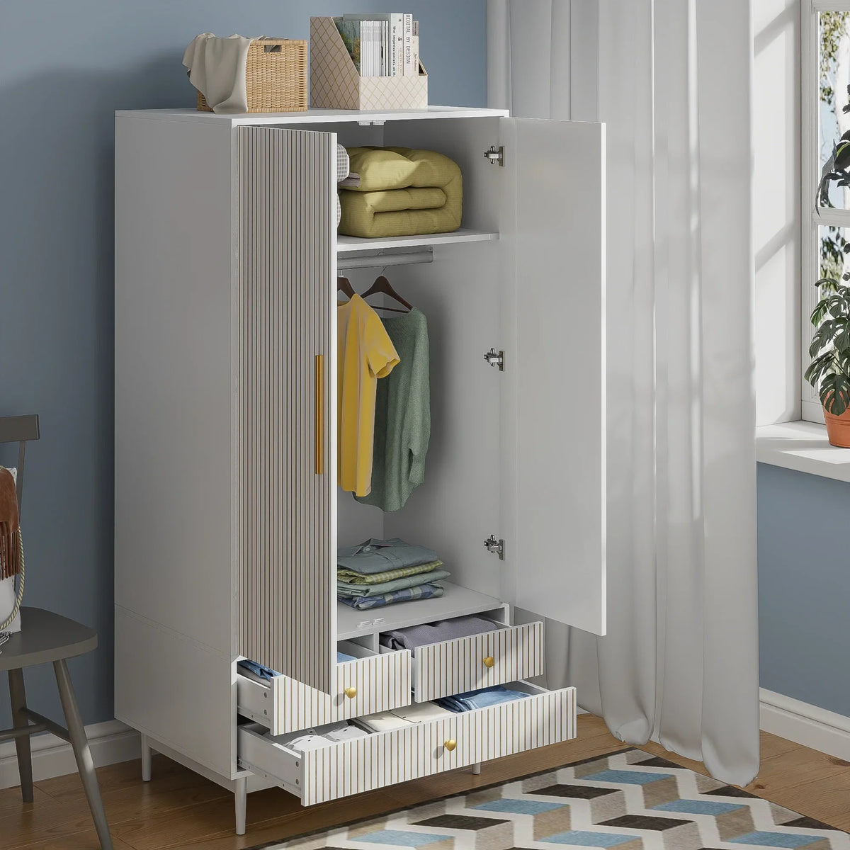 2026 NewArmoire Wardrobe Closet, Closet Wardrobe Cabinet with Drawers and Hanging Rail for Bedroom, White