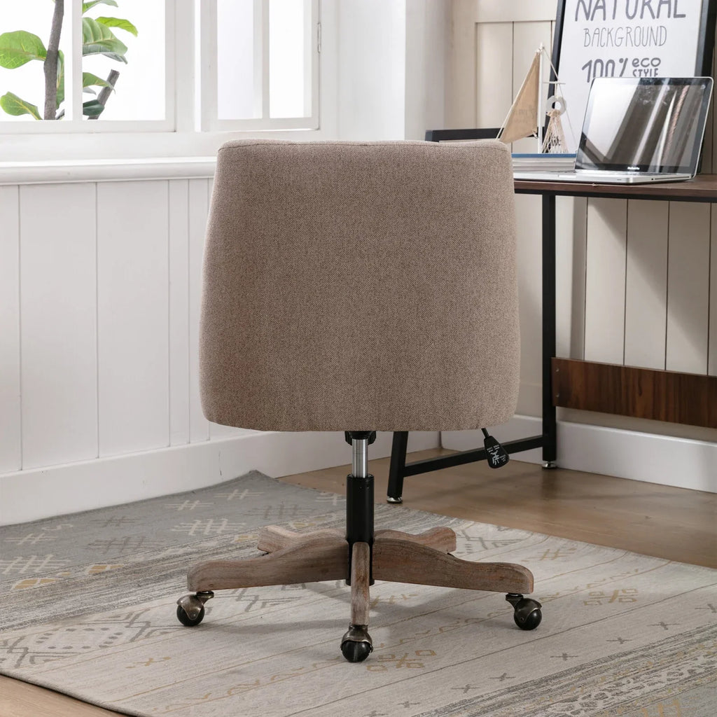 2026 New360 Degree Swivel Office Desk Chair, Upholstered Leisure Vanity Chair with Solid Wood Base and Wheels, Adjustable Height Computer Chair for Bedroom Living Room, Brown