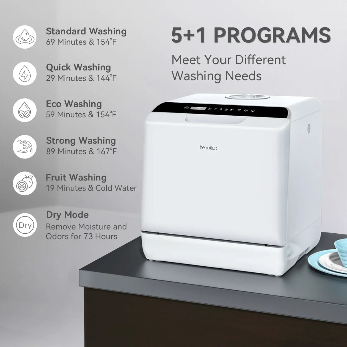 2026 NewHermitlux Portable Countertop Dishwasher, 5 Washing Programs, 5L Built-in Water Tank and Air-Dry Function, HMX-DW03