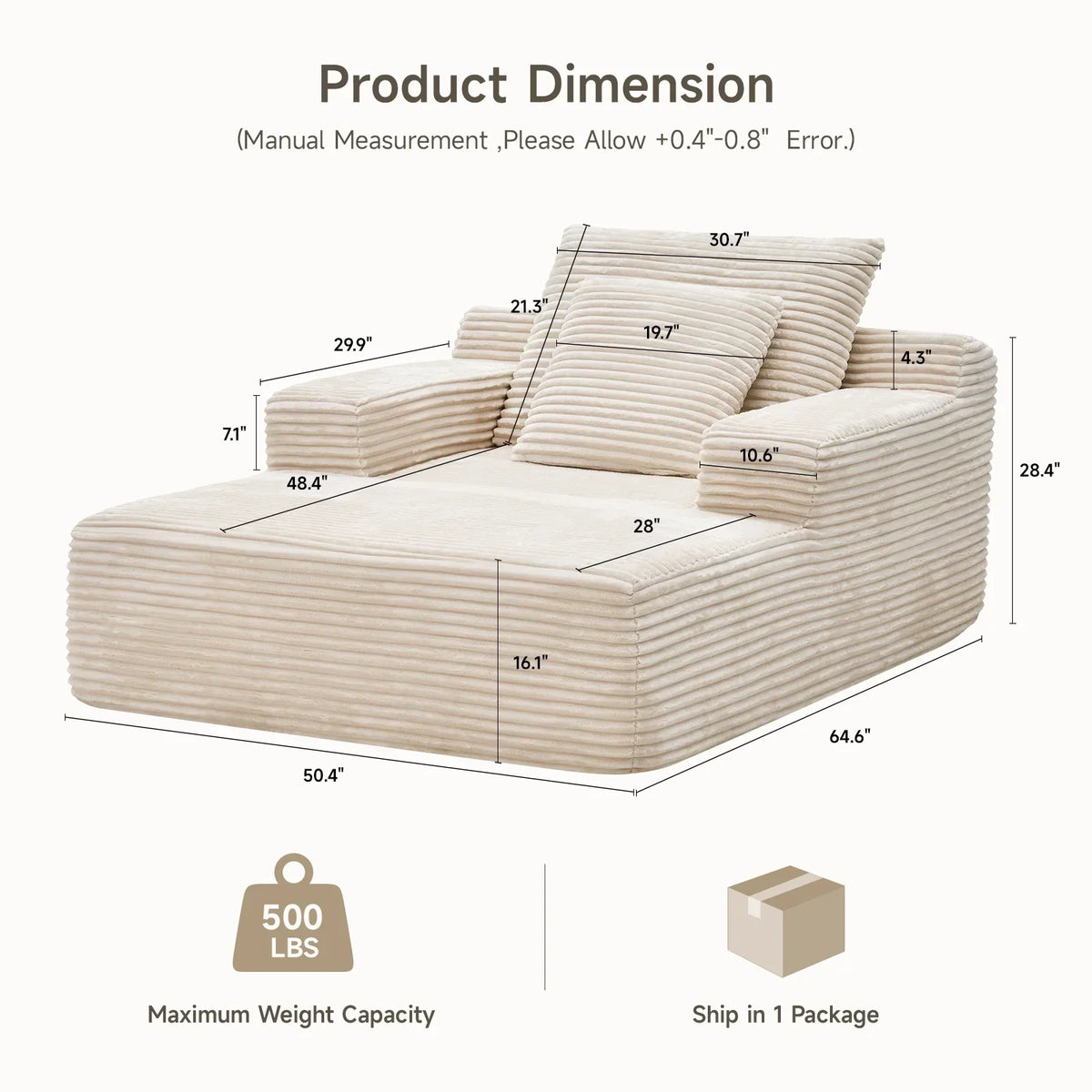 2026 New65" Corduroy Cloud Sleeper Chaise Lounge Chair, No Assembly Sofa Bed with Pillows, Beige