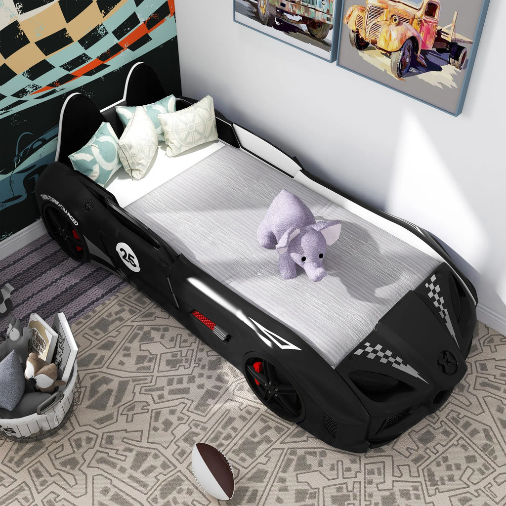 2026 NewFurniture of America Dash Kids Plastic Twin Race Car Bed with LED and Sound, White