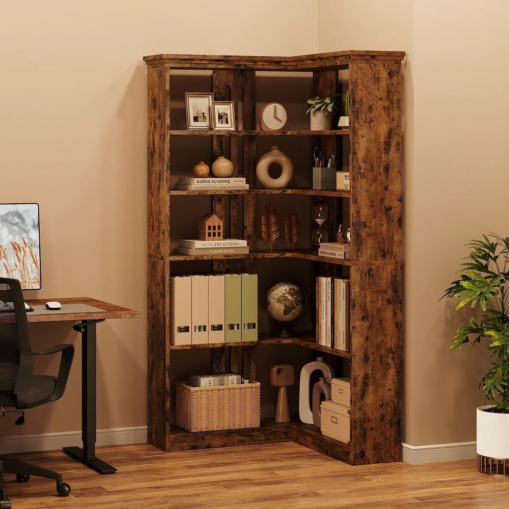 2026 NewEuKer 5 Tier Corner Bookcase, L-Shaped Bookshelf with Large Storage Capacity for Living Room, Bedroom, Office (Half Panel, Retro Brown)