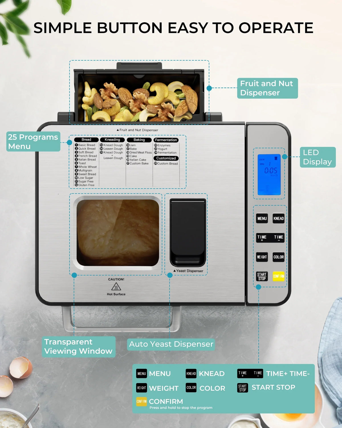2026 NewSimzlife 25-in-1 Bread Maker Machine, 2LB Capacity for Dough & Bread with Automatic Fruit and Nut Dispenser, Stainless Steel Construction