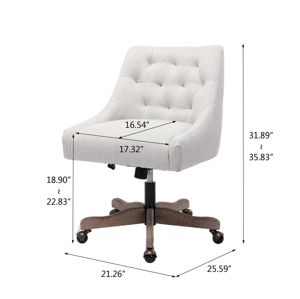 2026 New360 Degree Swivel Office Desk Chair, Upholstered Leisure Vanity Chair with Solid Wood Base and Wheels, Adjustable Height Computer Chair for Bedroom Living Room, Brown