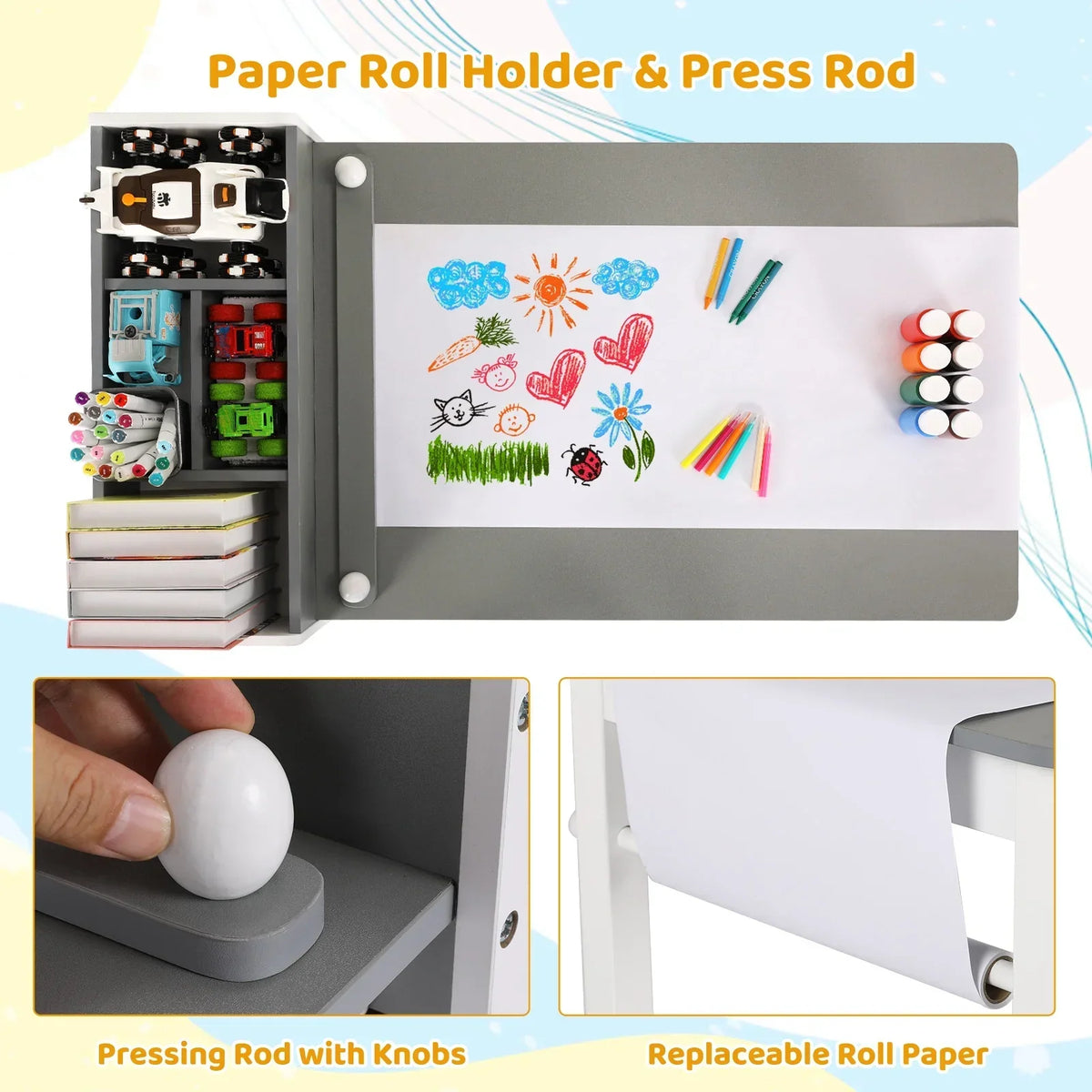 2026 NewPirecart Kids Art Table and 2 Chairs Toddler Craft Set Wooden Play Activity Drawing Table with 4 Storage Bins and Paper Roll