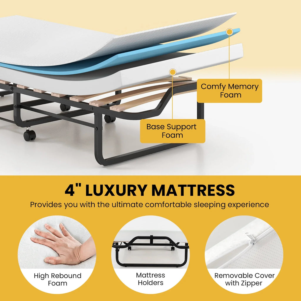 2026 NewGymax Portable Foldable Guest Bed w/ Solid Wood Slats & Metal Frame Rollaway Bed for Adults w/ Wheel