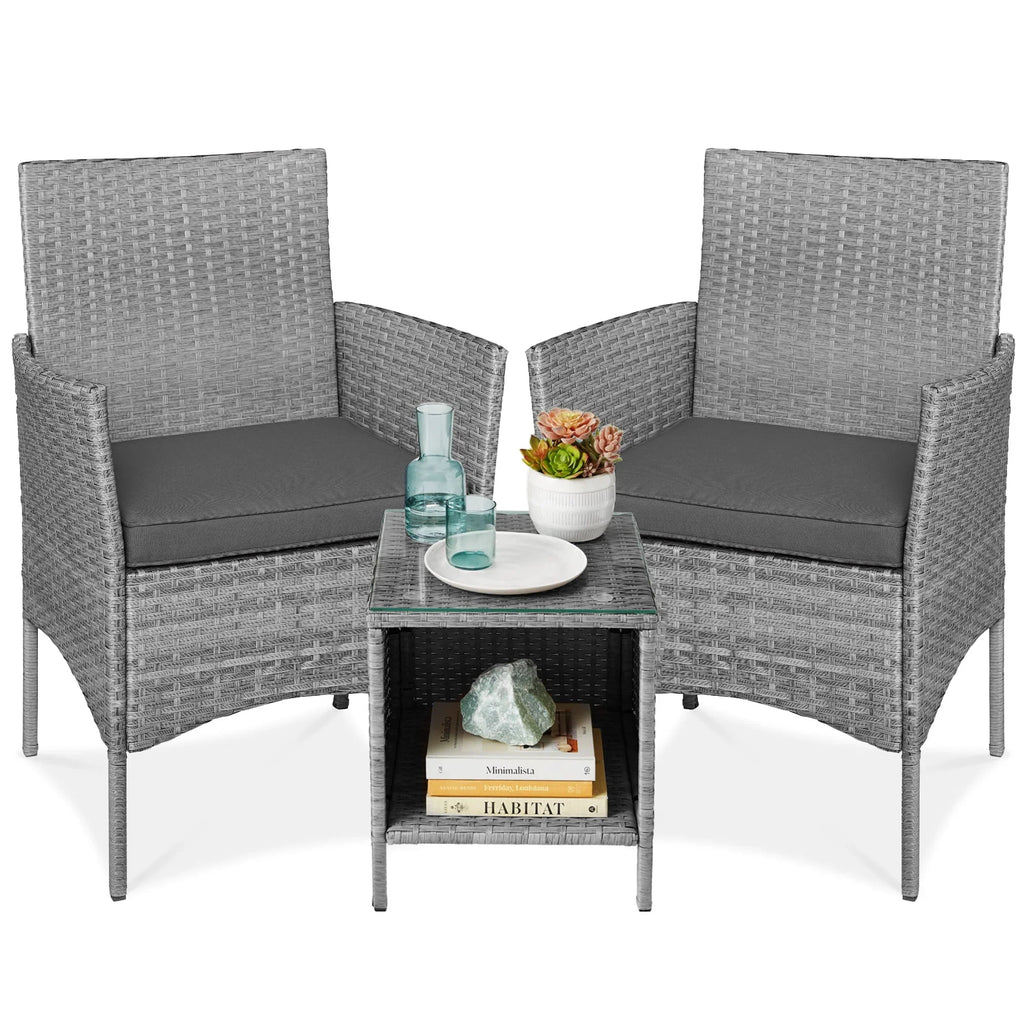 2026 NewBest Choice Products 3-Piece Outdoor Wicker Conversation Patio Bistro Set, w/ 2 Chairs, Table - Gray/Navy