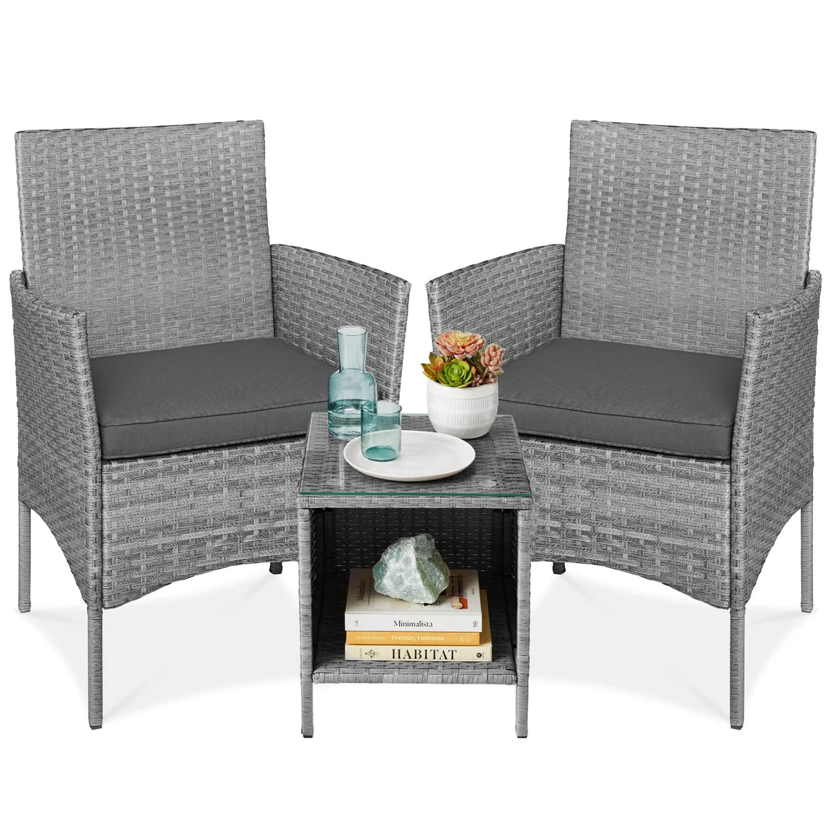 2026 NewBest Choice Products 3-Piece Outdoor Wicker Conversation Patio Bistro Set, w/ 2 Chairs, Table - Gray/Navy