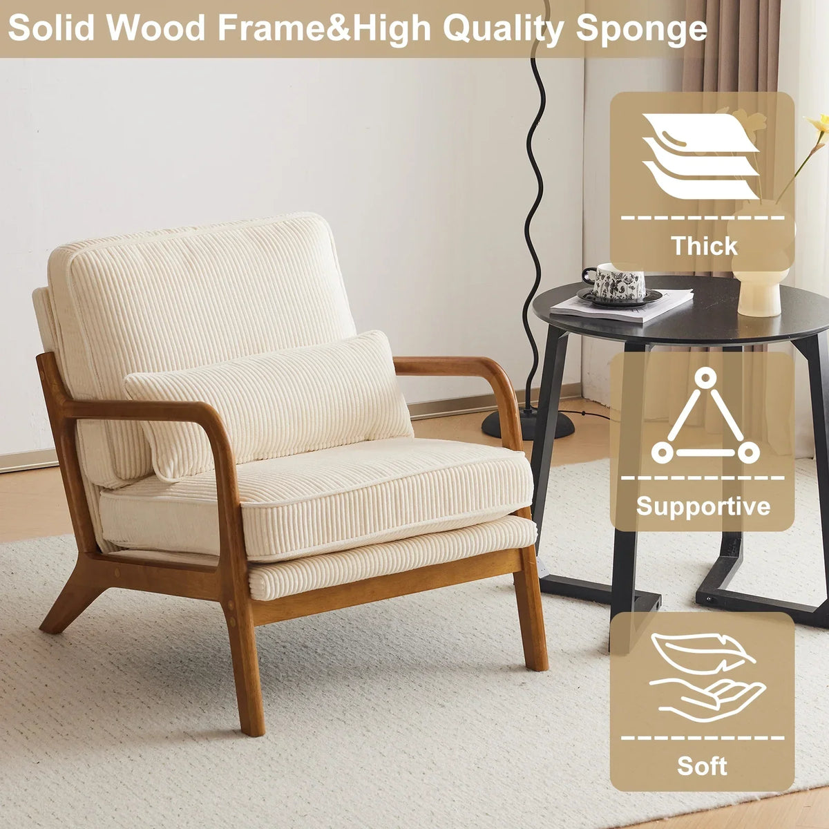 2026 NewKtaxon Accent Chair Corduroy Upholstered Armchair, Reading Club Chair with Pillow and Solid Wood Frame for Living Room Bedroom Furniture Off White