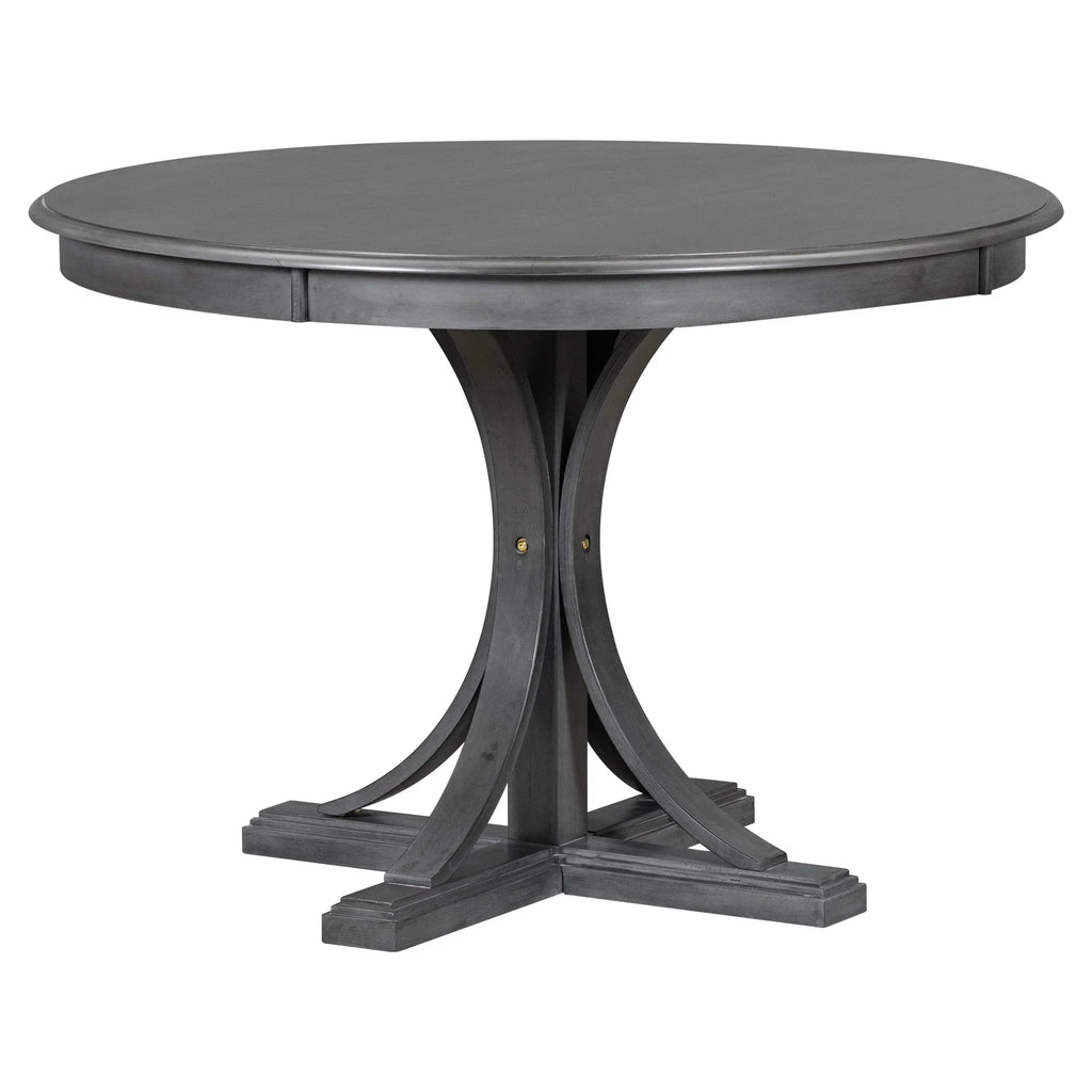 2026 New5 Piece Retro Round Dining Table Set with 4 Upholstered Chairs, Wood Dining Table with Curved Trestle Style Legs