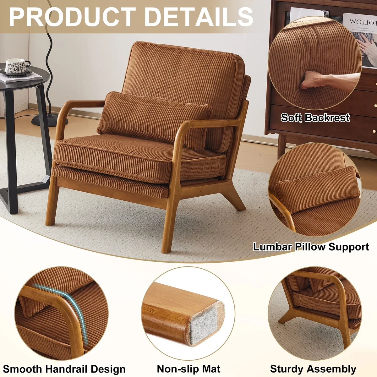 2026 NewKtaxon Accent Chair Corduroy Upholstered Armchair, Reading Club Chair with Pillow and Solid Wood Frame for Living Room Bedroom Furniture Off White