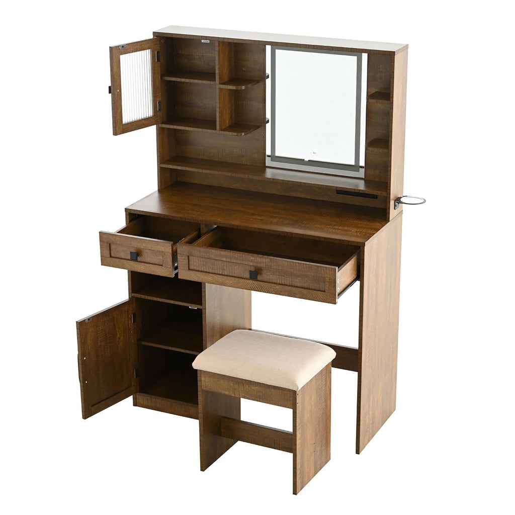2026 NewFarmhouse Makeup Vanity Desk with Mirror and Lights,Dressing Table Set with Charging Station and Stool,Drawers,Shelves and Side Cabinet,White