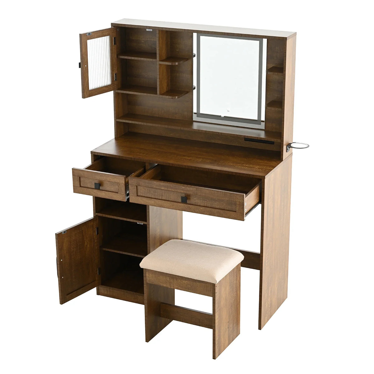 2026 NewFarmhouse Makeup Vanity Desk with Mirror and Lights,Dressing Table Set with Charging Station and Stool,Drawers,Shelves and Side Cabinet,White