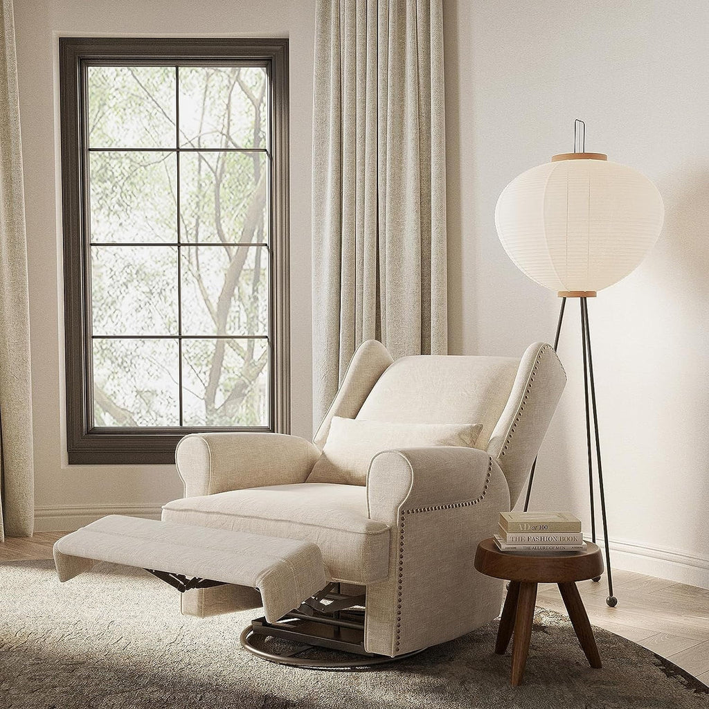 2026 NewRoyalcraft Swivel Nursery Glider Recliner, Comfy Upholstered Glider Chair with Lumbar Pillow and Footrest, Beige