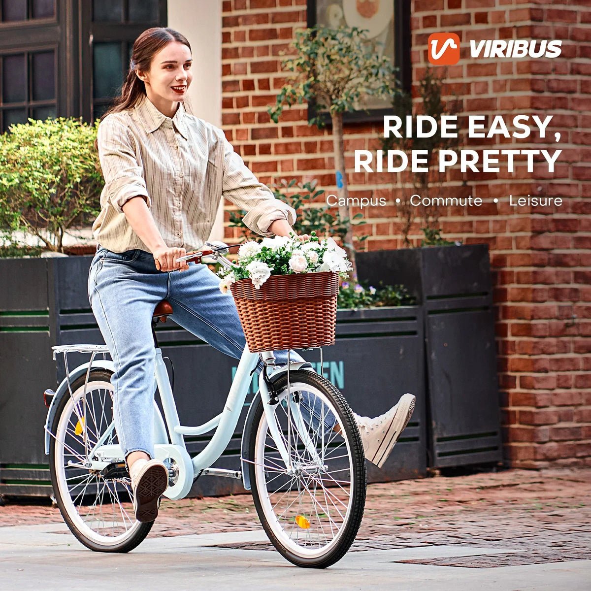 2026 NewViribus Women's Comfort Bike 24 inch Beach & City Cruiser Bicycle with Basket Rack White