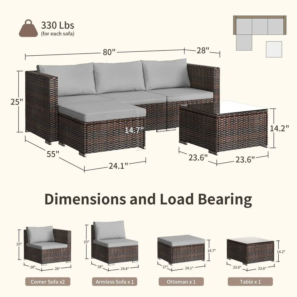2026 NewPatio Furniture Set Clearance, Lofka 5 Piece Outdoor Sectional Furniture Chair Set with Cushions and Tea Table, Gray